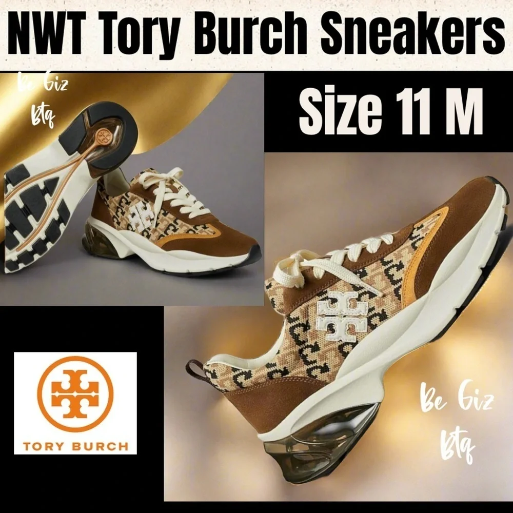 🔥🔥Tory Burch Good Luck Bubble Trainer T Logo Knit New Cream And Chestnut Size11M